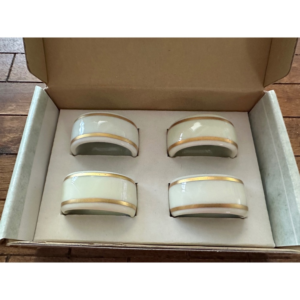 Gorham China Napkin Rings‎ Set of 4 White Gold Trim Style 00777GO Vintage Dining